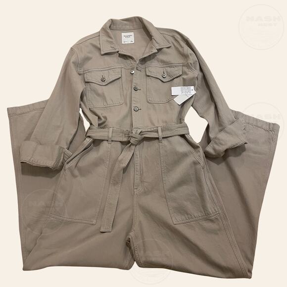Abercrombie & Fitch L Tan Denim Utility Jumpsuit | Wide Leg Belt Cargo NWT $150 - Picture 3 of 11